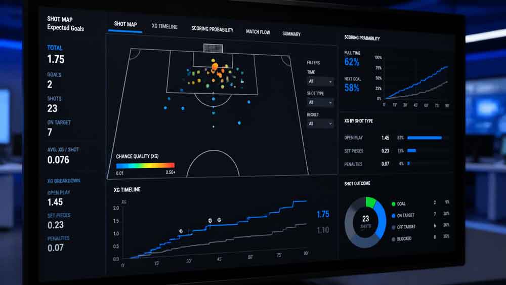 ค่า xG คืออะไร กราฟิกสถิติประตูที่คาดหวังบนหน้าจอวิเคราะห์เกมฟุตบอล