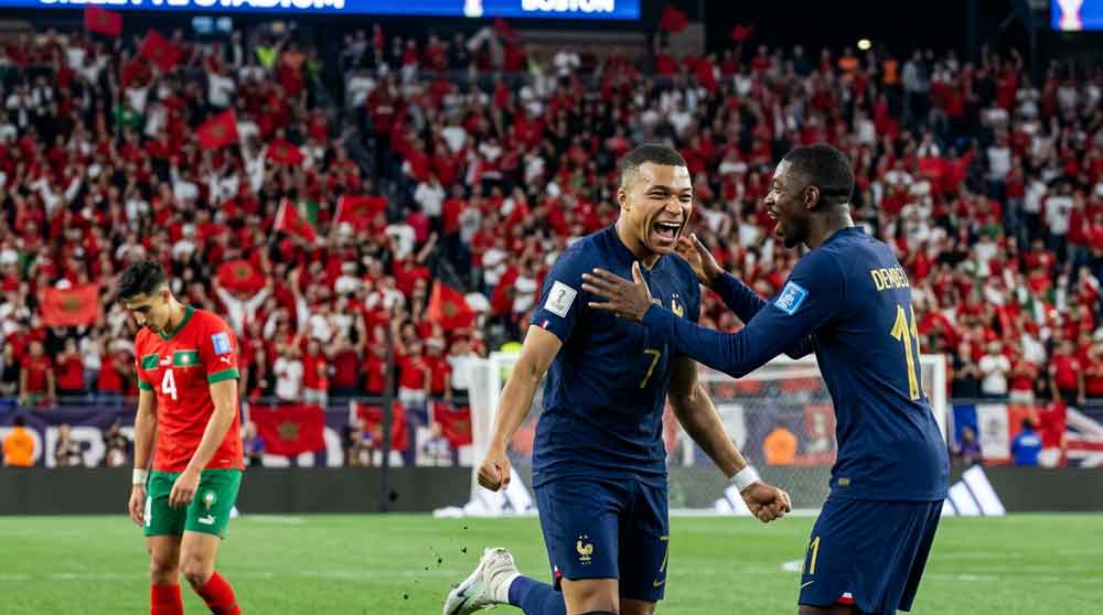 เอ็มบัปเป้ฉลองประตูในเกมที่ฝรั่งเศสชนะโมร็อกโก 2-0 รอบก่อนรองชนะเลิศบอลโลก 2026