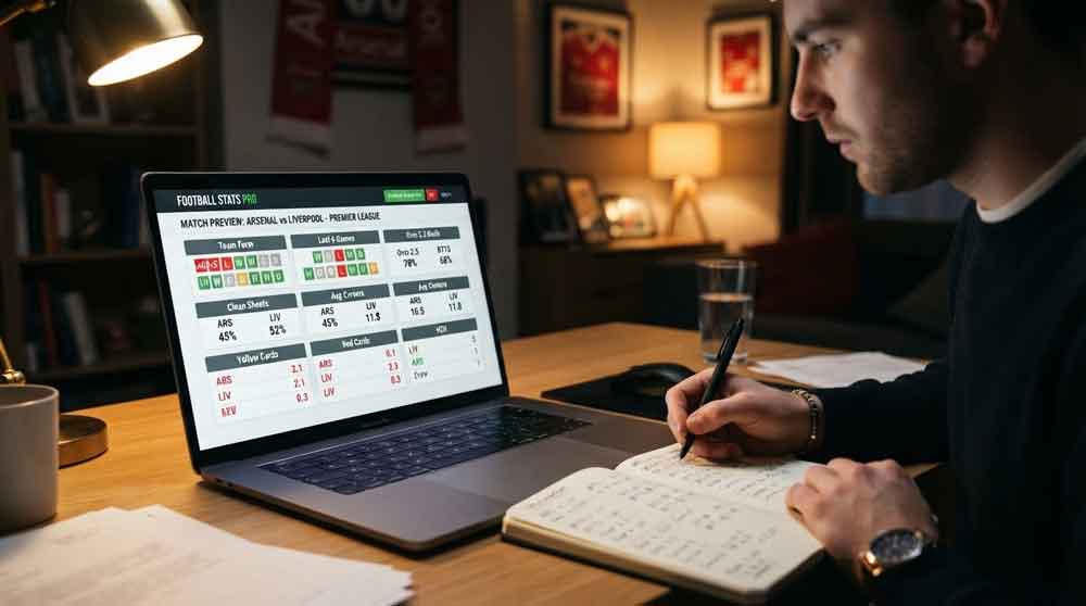 ภาพหน้าจอเว็บไซต์สถิติฟุตบอลสำหรับวิเคราะห์และเดิมพัน แสดงตารางตัวเลขและกราฟ