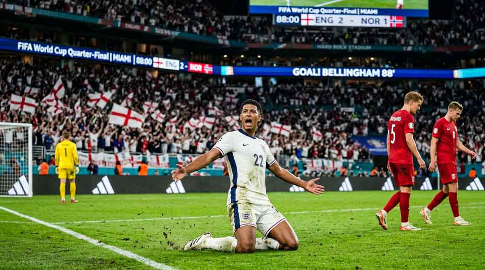 ภาพเบลลิ่งแฮมฉลองหลังทำเบิ้ลใน ไฮไลต์ เบลลิ่งแฮมยิงสอง อังกฤษ พบ นอร์เวย์ รอบก่อนรองฯ บอลโลก 2026
