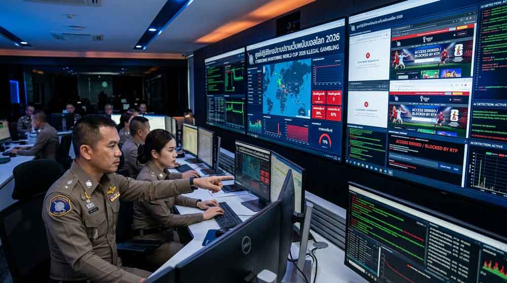 ภาพข่าวไทยใช้ AI ปราบเว็บพนันบอลโลก 2026 แสดงเจ้าหน้าที่และหน้าจอระบบตรวจจับ