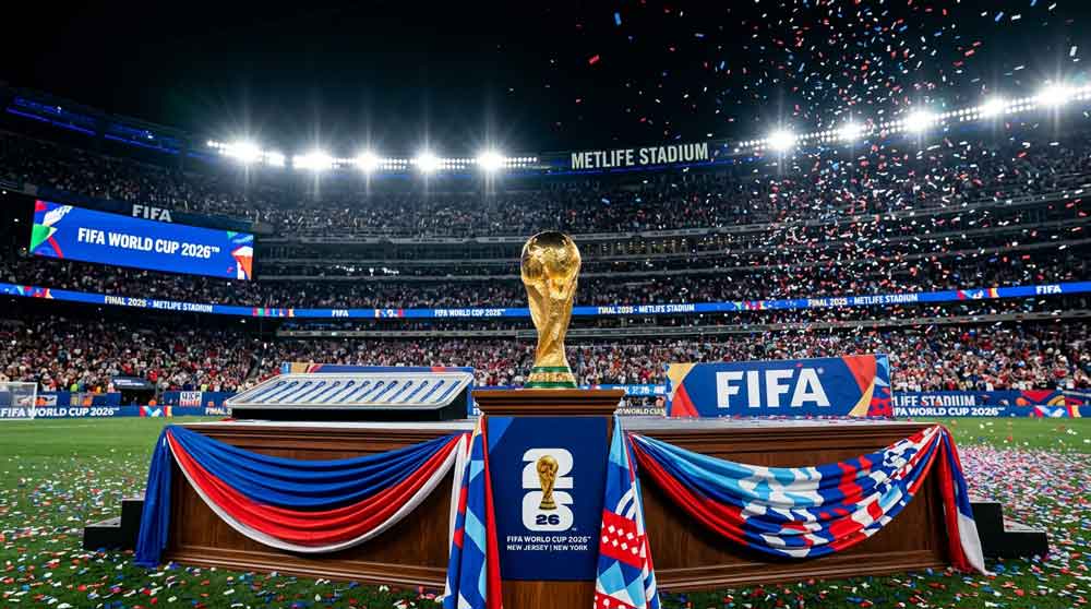 ถ้วยฟุตบอลโลกบนแท่นพิธีมอบรางวัล สื่อถึงเงินรางวัลบอลโลก 2026 ที่แชมป์จะได้รับ