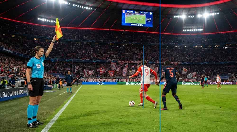 ภาพอธิบายกฎล้ำหน้าในฟุตบอลและ VAR แสดงไลน์แนวรับกับตำแหน่งกองหน้า
