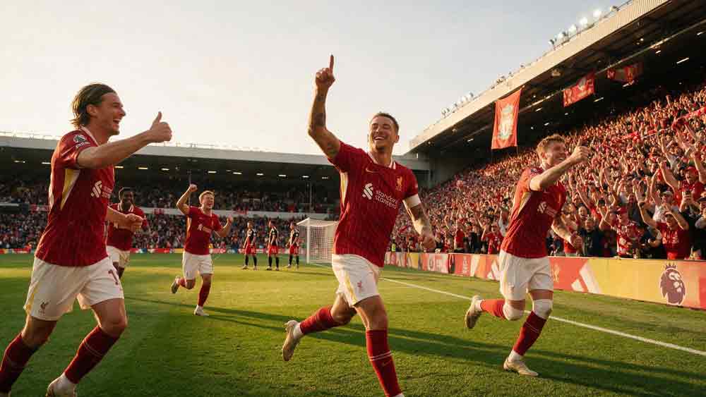 ลิเวอร์พูล ชนะ ฟอเรสต์ 2-0 นักเตะฉลองประตูที่สนามแอนฟิลด์