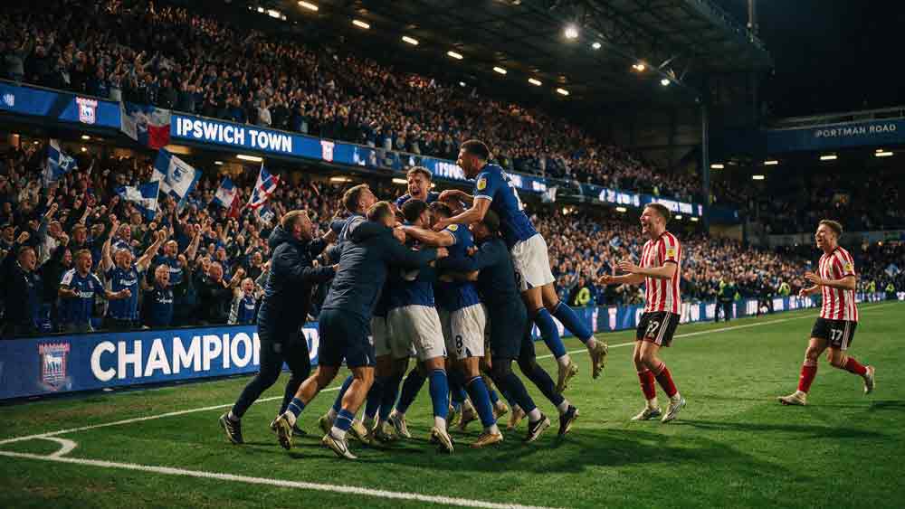 อิปสวิช ชนะ ซันเดอร์แลนด์ 2-1 นักเตะฉลองประตูชัยที่สนามพอร์ตแมน โร้ด
