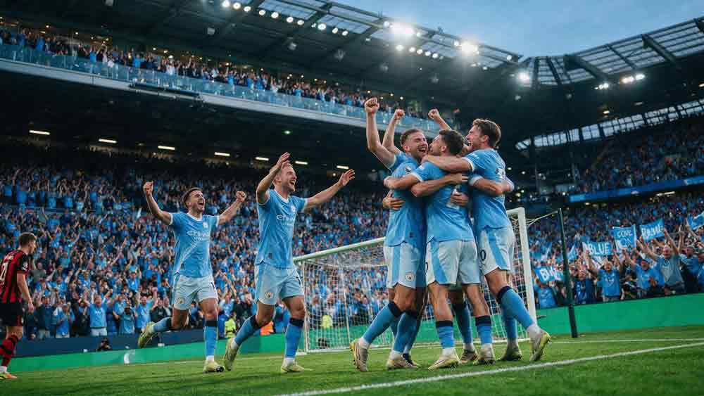 แมนฯ ซิตี้ ชนะ บอร์นมัธ 2-1 นักเตะฉลองประตูชัยที่สนามอิติฮัด