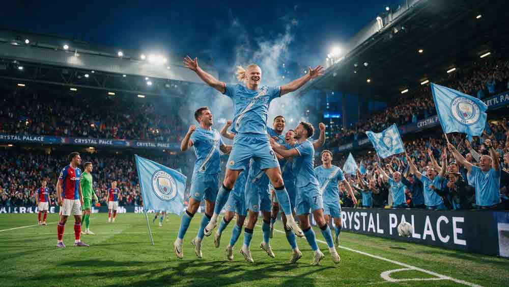 แมนฯ ซิตี้ ถล่ม พาเลซ 3-1 นักเตะฉลองประตูที่สนามเซลเฮิร์สต์ พาร์ค