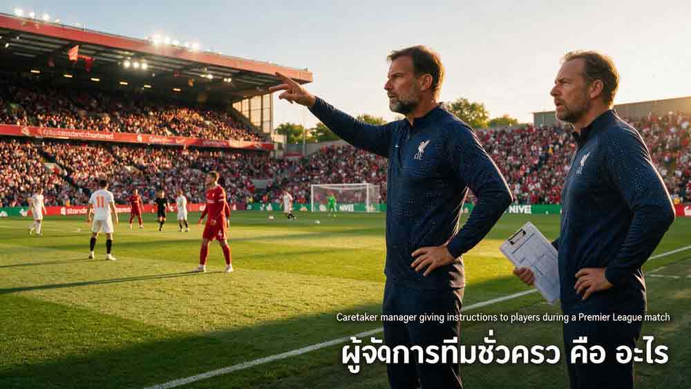 ภาพประกอบอธิบายผู้จัดการทีมชั่วคราว คือ อะไร แสดงโค้ชยืนข้างสนามให้คำแนะนำนักเตะระหว่างเกมพรีเมียร์ลีก