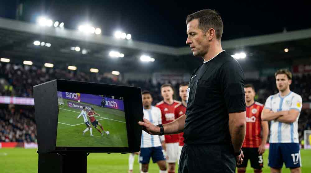ภาพประกอบอธิบาย VAR คือ อะไร แสดงผู้ตัดสินดูจอมอนิเตอร์ข้างสนามระหว่างเกมฟุตบอล