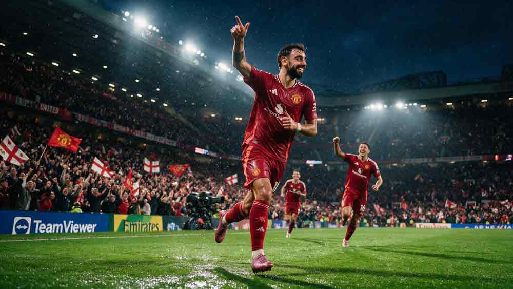 แมนยู ชนะ อิปสวิช 5-2 บรูโน่ แฟร์นันด์รสฉลองประตูที่สนามโอลด์ แทรฟฟอร์ด