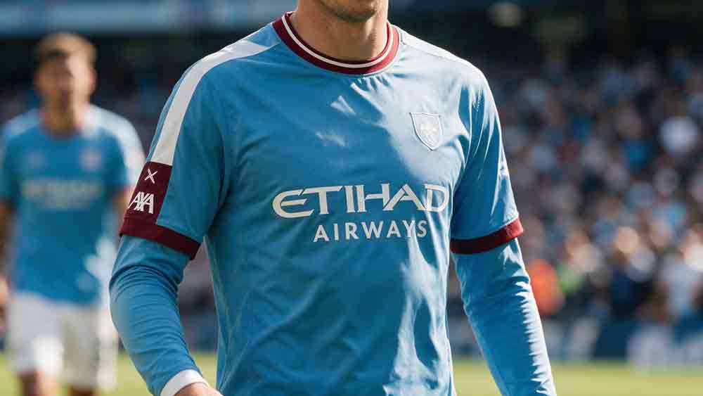 ภาพประกอบอธิบายสปอนเซอร์เสื้อ คือ อะไร แสดงนักเตะสวมเสื้อแข่งที่มีโลโก้สปอนเซอร์กลางอกในเกมพรีเมียร์ลีก