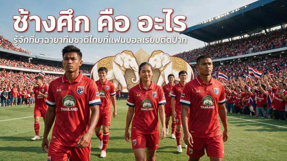 ภาพประกอบอธิบายช้างศึก คือ อะไร แสดงนักเตะทีมชาติไทยสวมชุดแข่งขันมีสัญลักษณ์ช้างในเกมทีมชาติ