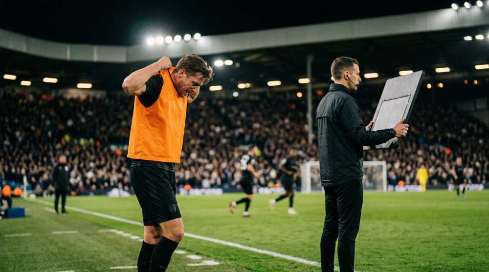 ซูเปอร์ซับ คือ ตัวสำรองที่กำลังถอดเสื้อกั๊กซ้อมรอลงสนามข้างสนามฟุตบอลยามค่ำ