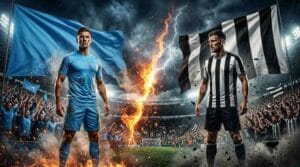โคเวนทรี พบ นิวคาสเซิล ภาพแบนเนอร์นักเตะสองทีมประจันหน้าในสนามกลางคืน